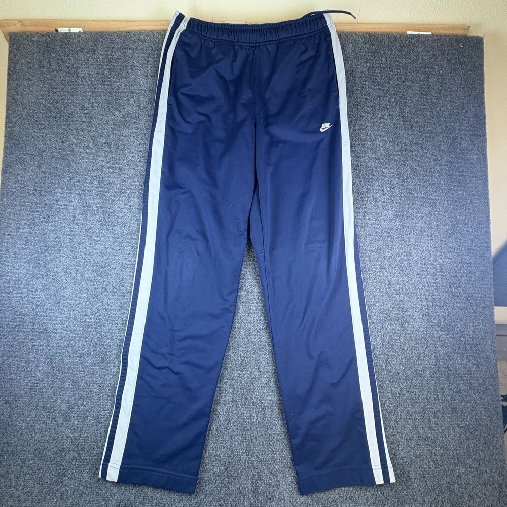 Vintage Nike Track Pants Mens M 30x32 Navy Blue White Stripe Logo Straight Leg